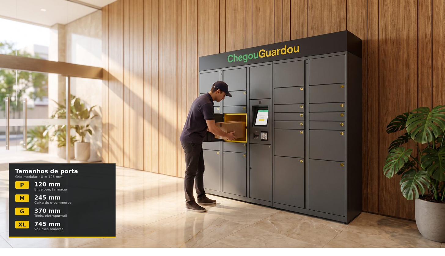 Armário inteligente ChegouGuardou, verde e amarelo, instalado no hall de um condomínio de alto padrão, com entregador uniformizado depositando uma encomenda no compartimento aberto